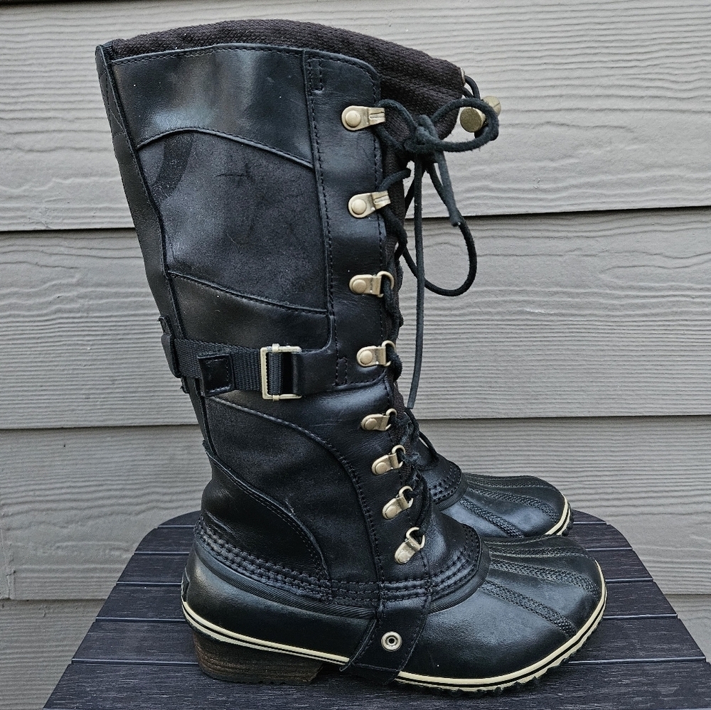 Sorel Black Leather Conquest Carly Boots Womens Size 8 Rubber Tall Waterproof